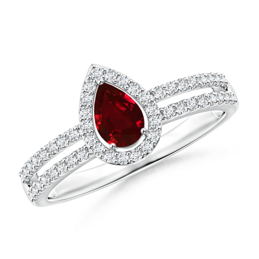 Pear Ruby and Diamond Halo Split Shank Engagement Ring