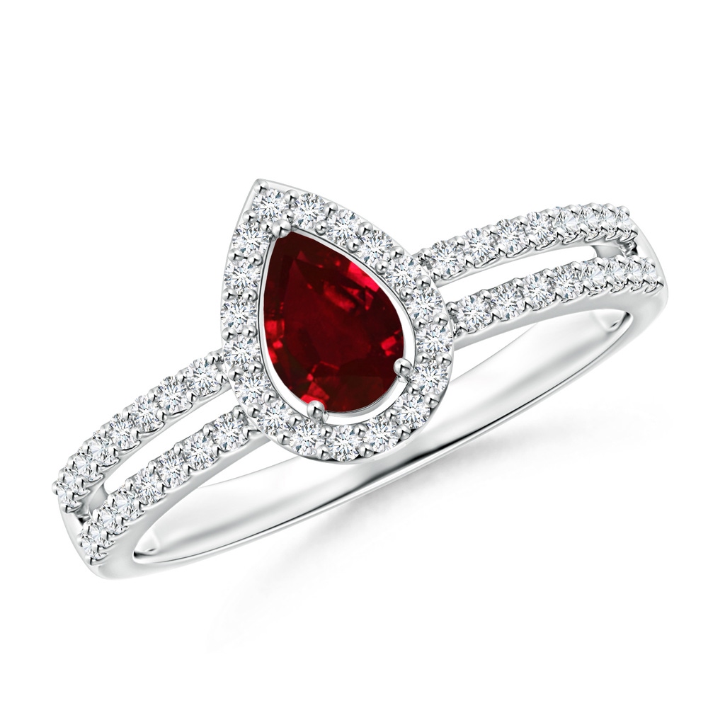 6x4mm AAAA Pear Ruby and Diamond Halo Split Shank Ring in White Gold