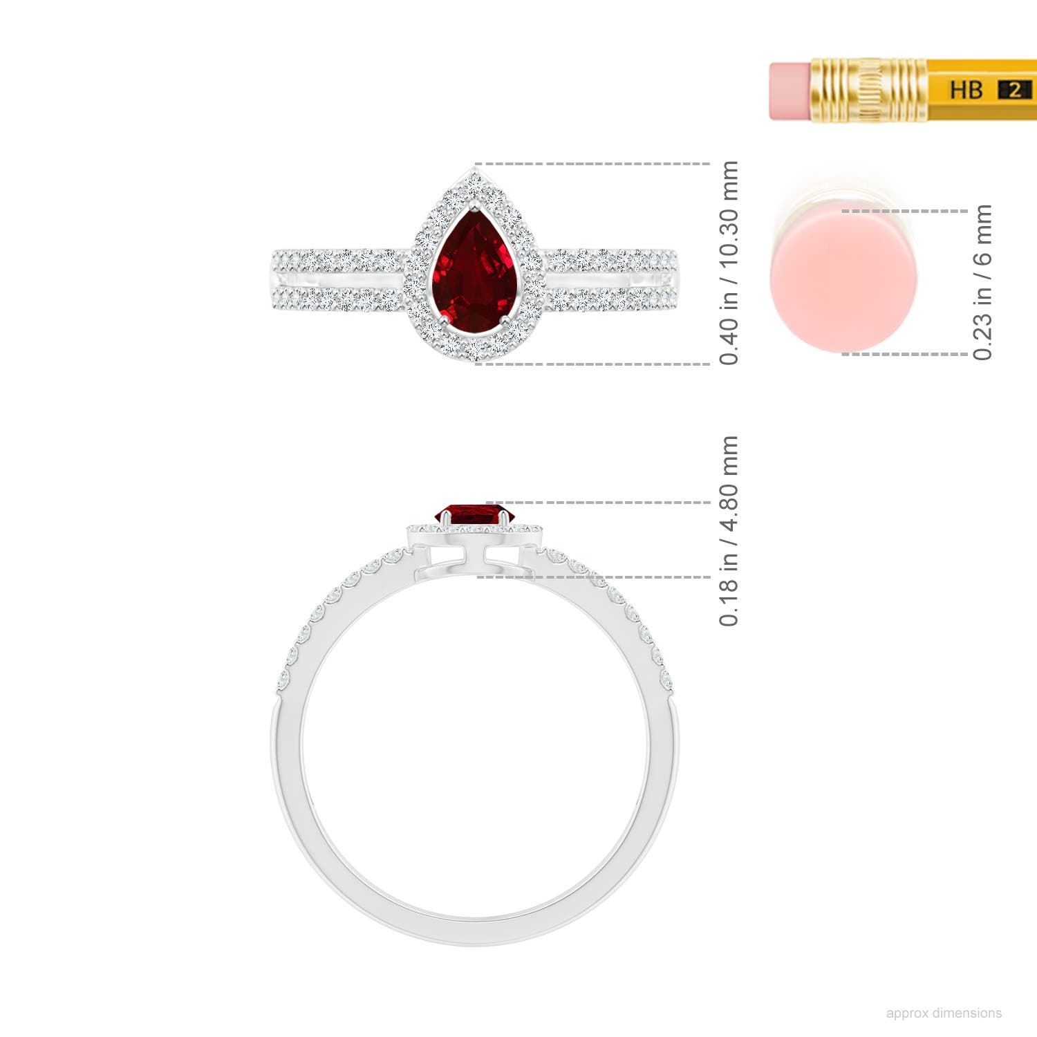 6x4mm AAAA Pear Ruby and Diamond Halo Split Shank Ring in White Gold - ruler