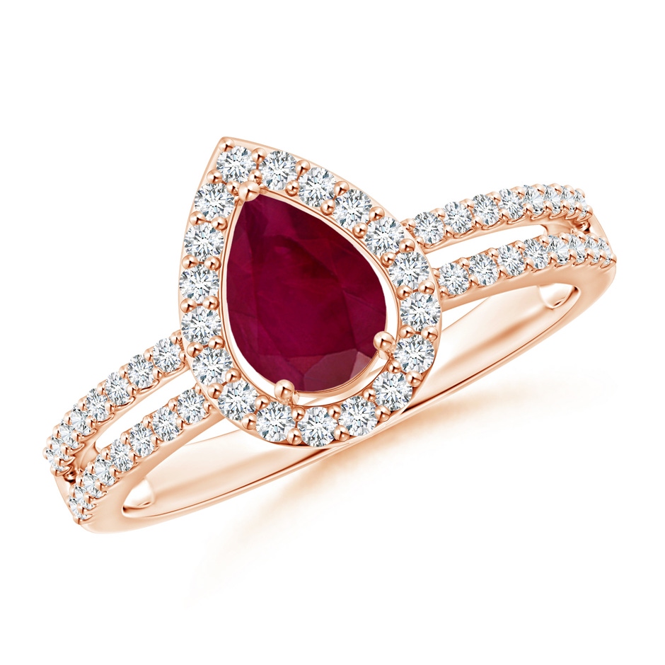 7x5mm A Pear Ruby and Diamond Halo Split Shank Ring in Rose Gold 
