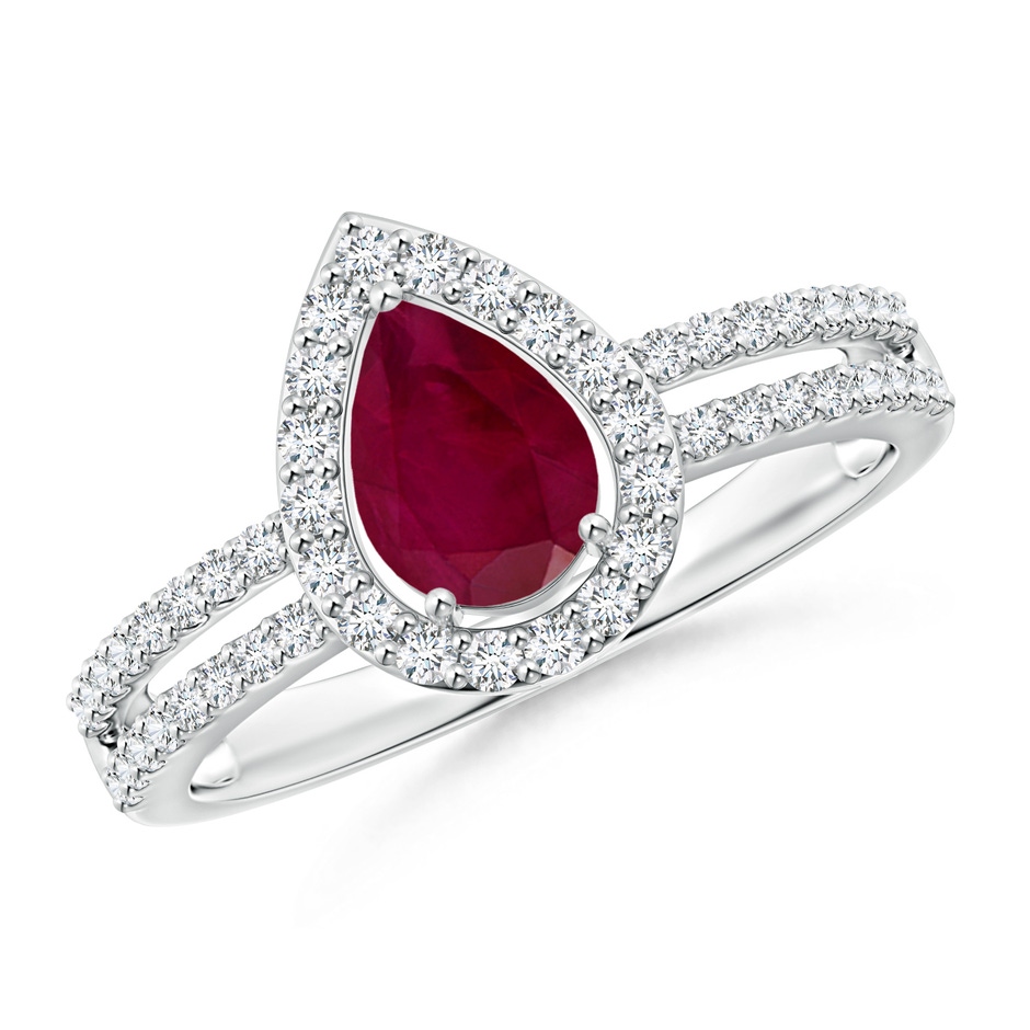 7x5mm A Pear Ruby and Diamond Halo Split Shank Ring in White Gold 