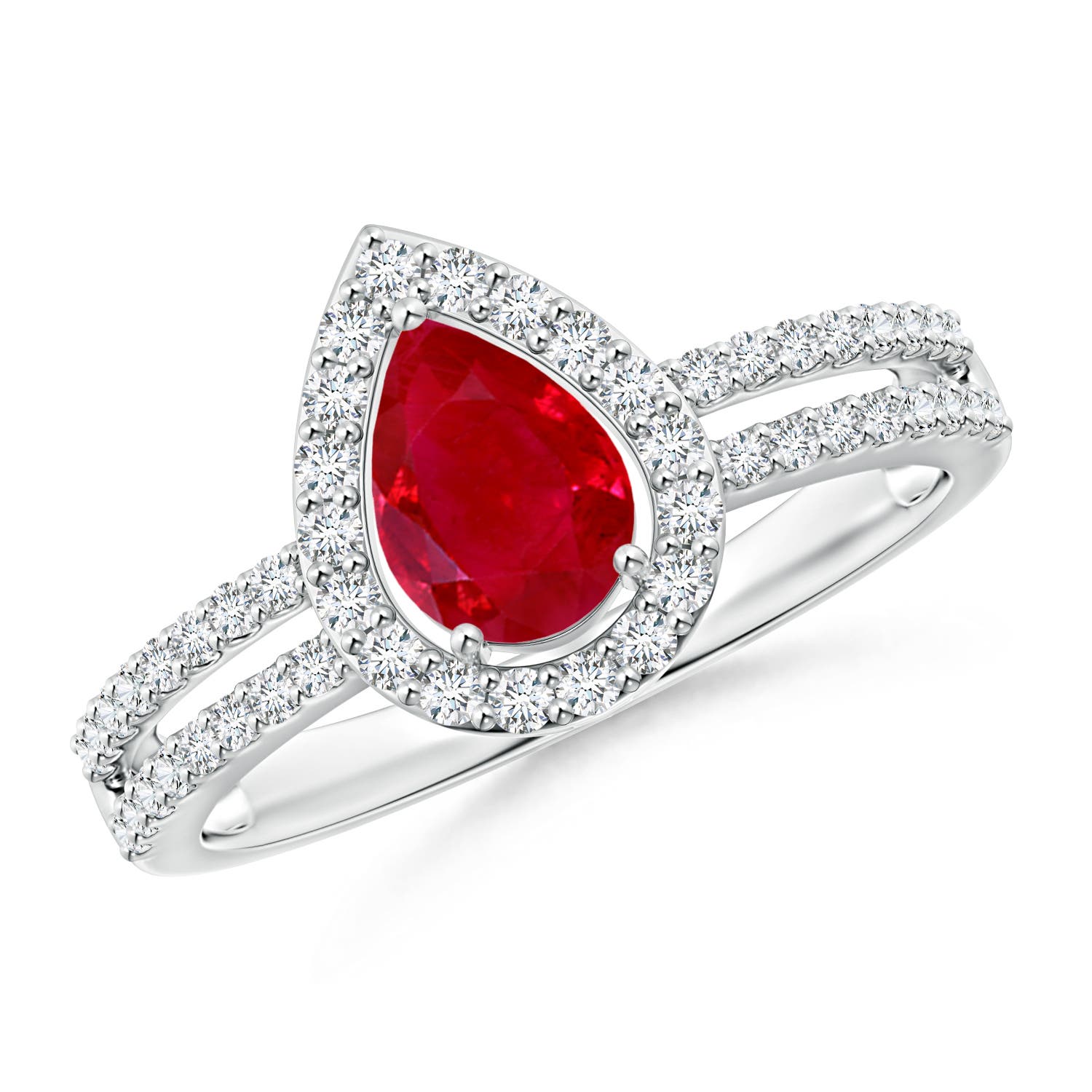 7x5mm AAA Pear Ruby and Diamond Halo Split Shank Ring in 18K White Gold