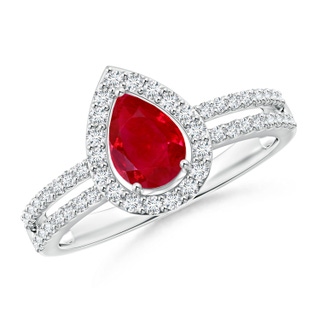 7x5mm AAA Pear Ruby and Diamond Halo Split Shank Ring in P950 Platinum
