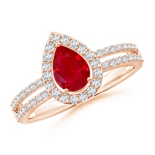 7x5mm AAA Pear Ruby and Diamond Halo Split Shank Ring in Rose Gold