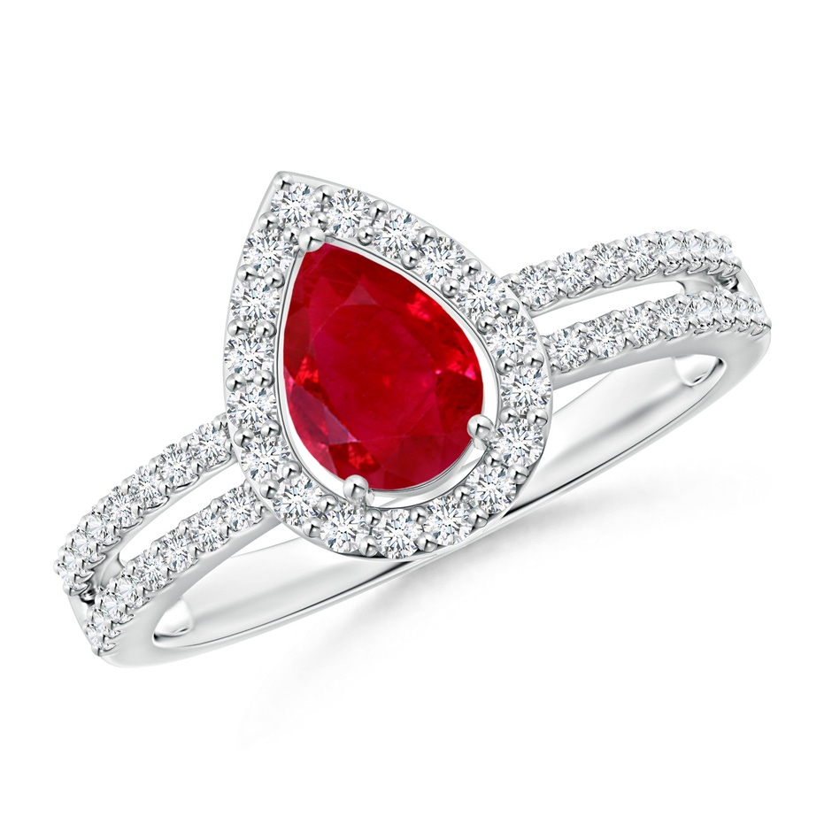 7x5mm AAA Pear Ruby and Diamond Halo Split Shank Ring in White Gold 