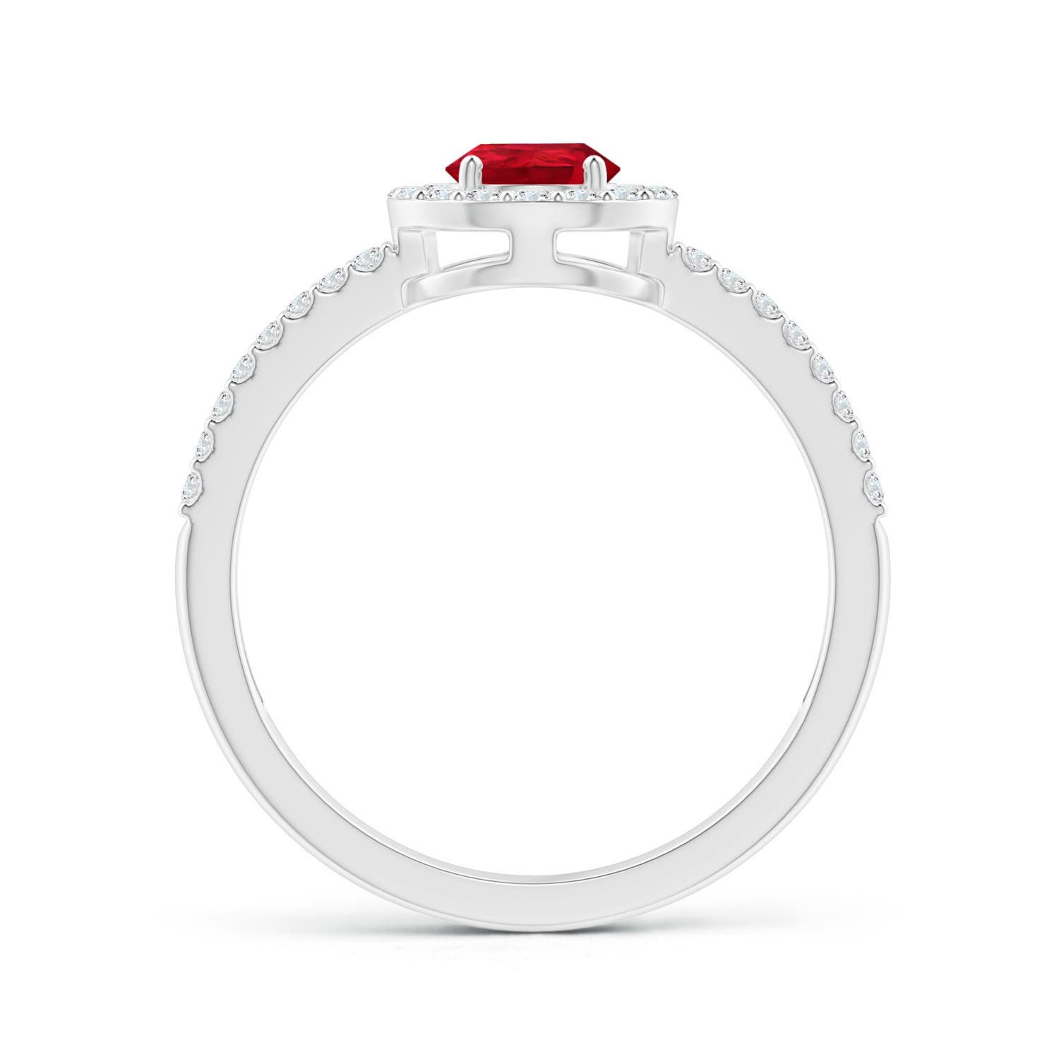 7x5mm AAA Pear Ruby and Diamond Halo Split Shank Ring in White Gold