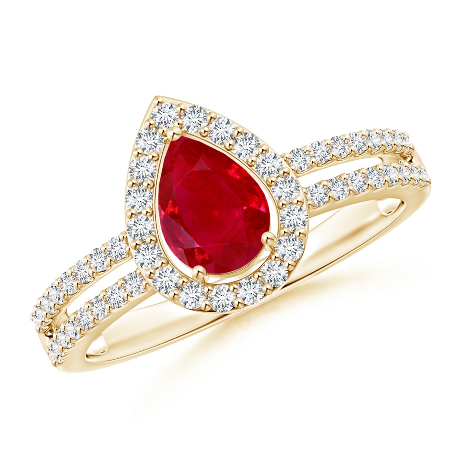 7x5mm AAA Pear Ruby and Diamond Halo Split Shank Ring in Yellow Gold 