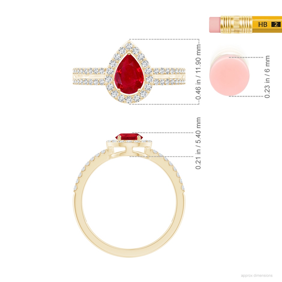 7x5mm AAA Pear Ruby and Diamond Halo Split Shank Ring in Yellow Gold ruler