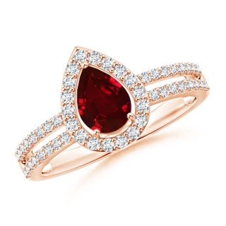 7x5mm AAAA Pear Ruby and Diamond Halo Split Shank Ring in Rose Gold