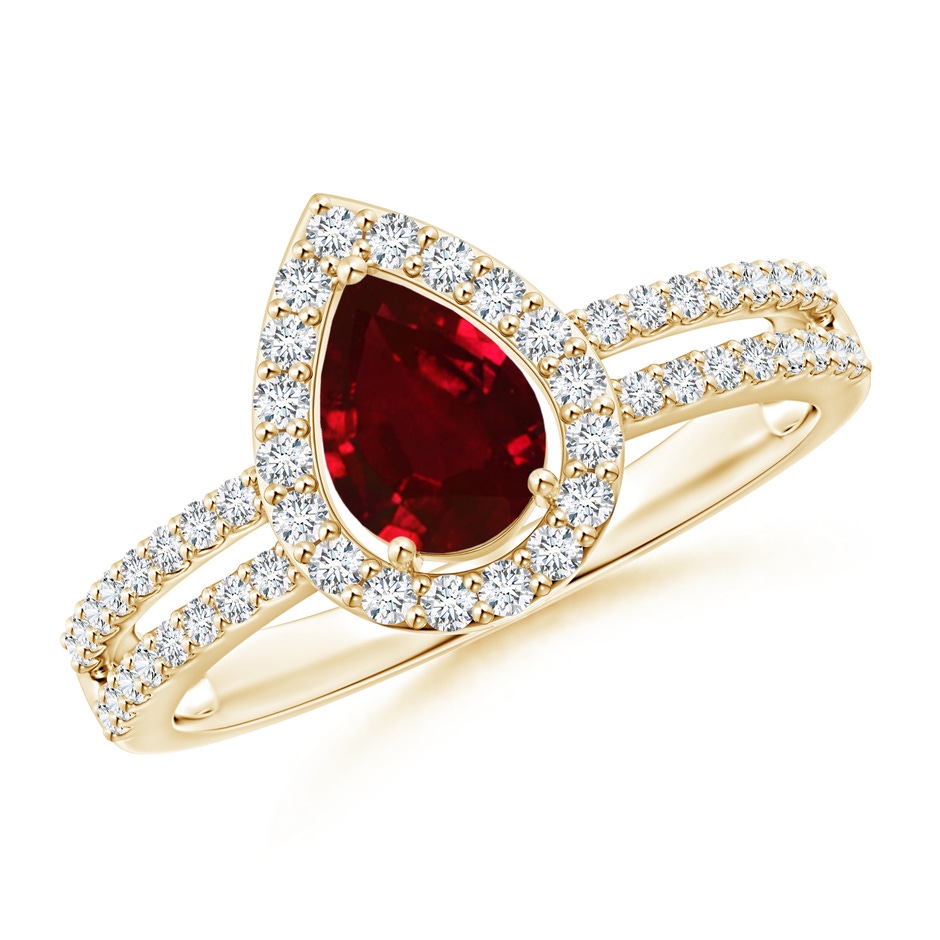 7x5mm AAAA Pear Ruby and Diamond Halo Split Shank Ring in Yellow Gold 