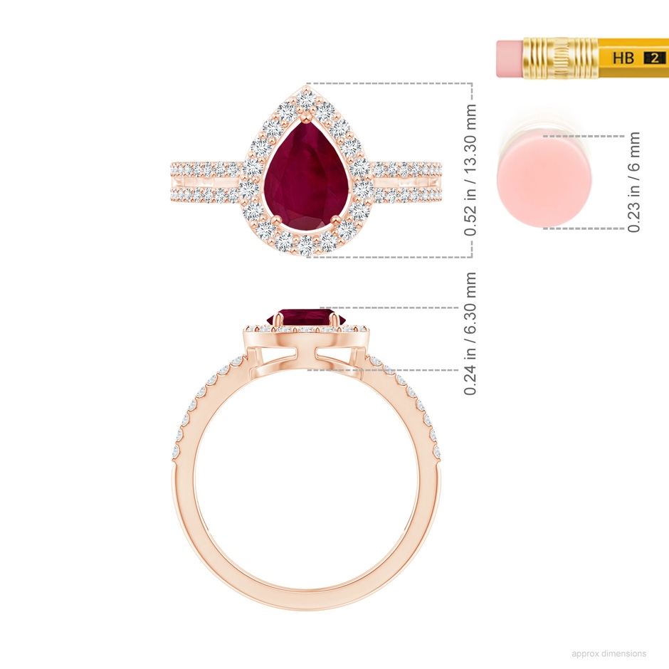 8x6mm A Pear Ruby and Diamond Halo Split Shank Ring in Rose Gold ruler