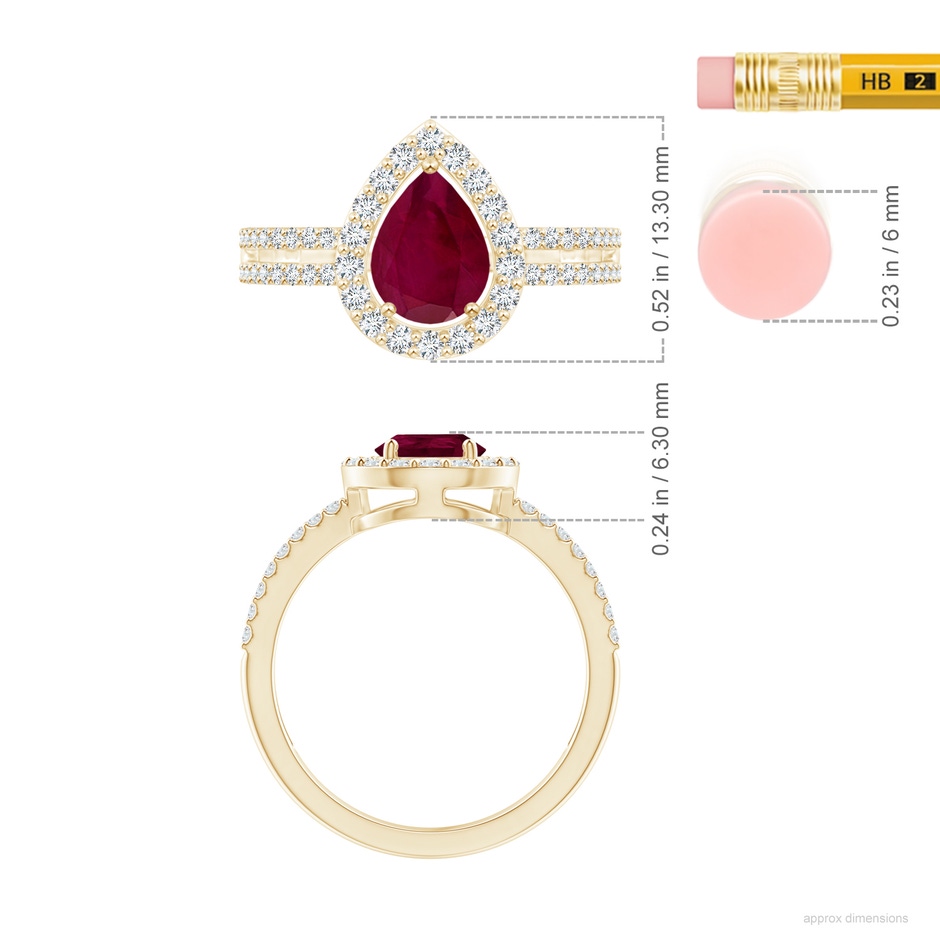8x6mm A Pear Ruby and Diamond Halo Split Shank Ring in Yellow Gold ruler