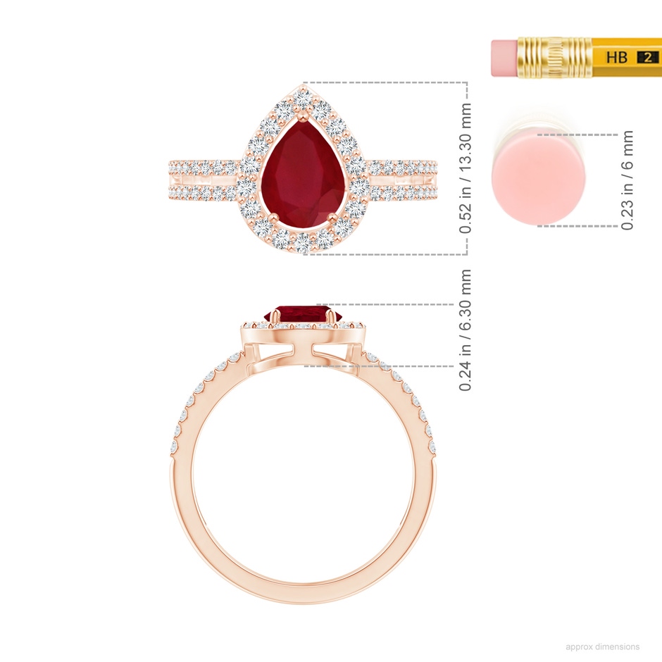 8x6mm AA Pear Ruby and Diamond Halo Split Shank Ring in Rose Gold ruler