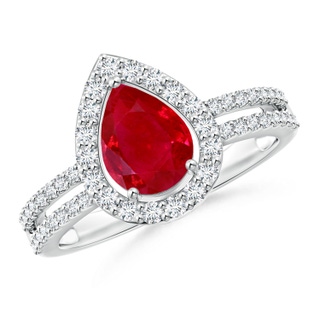 8x6mm AAA Pear Ruby and Diamond Halo Split Shank Ring in P950 Platinum