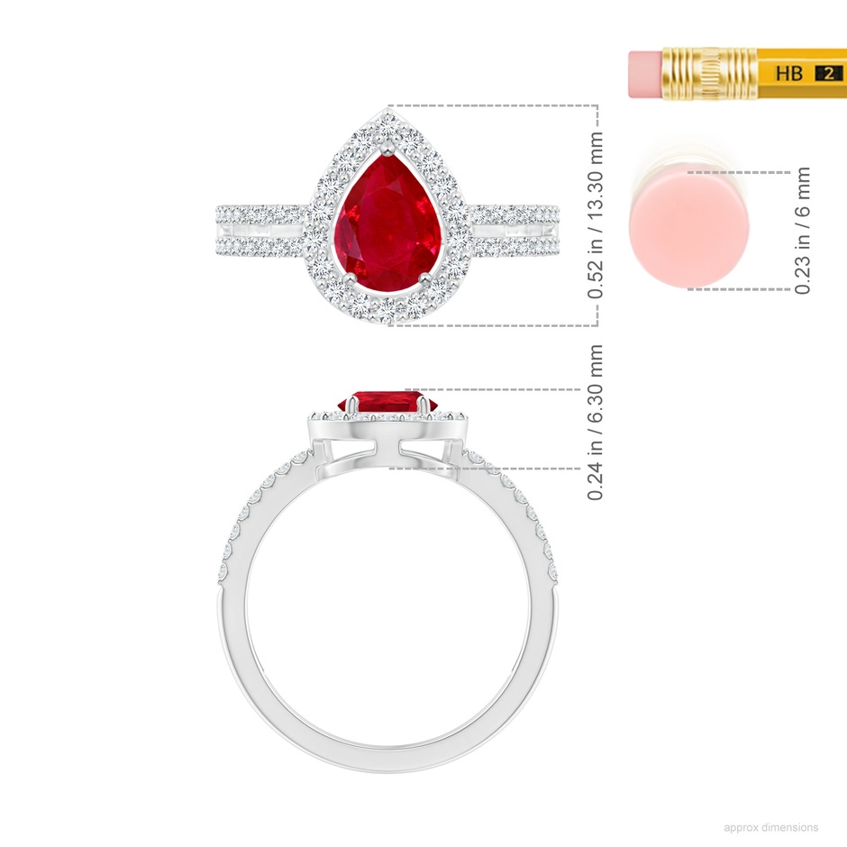 8x6mm AAA Pear Ruby and Diamond Halo Split Shank Ring in P950 Platinum ruler