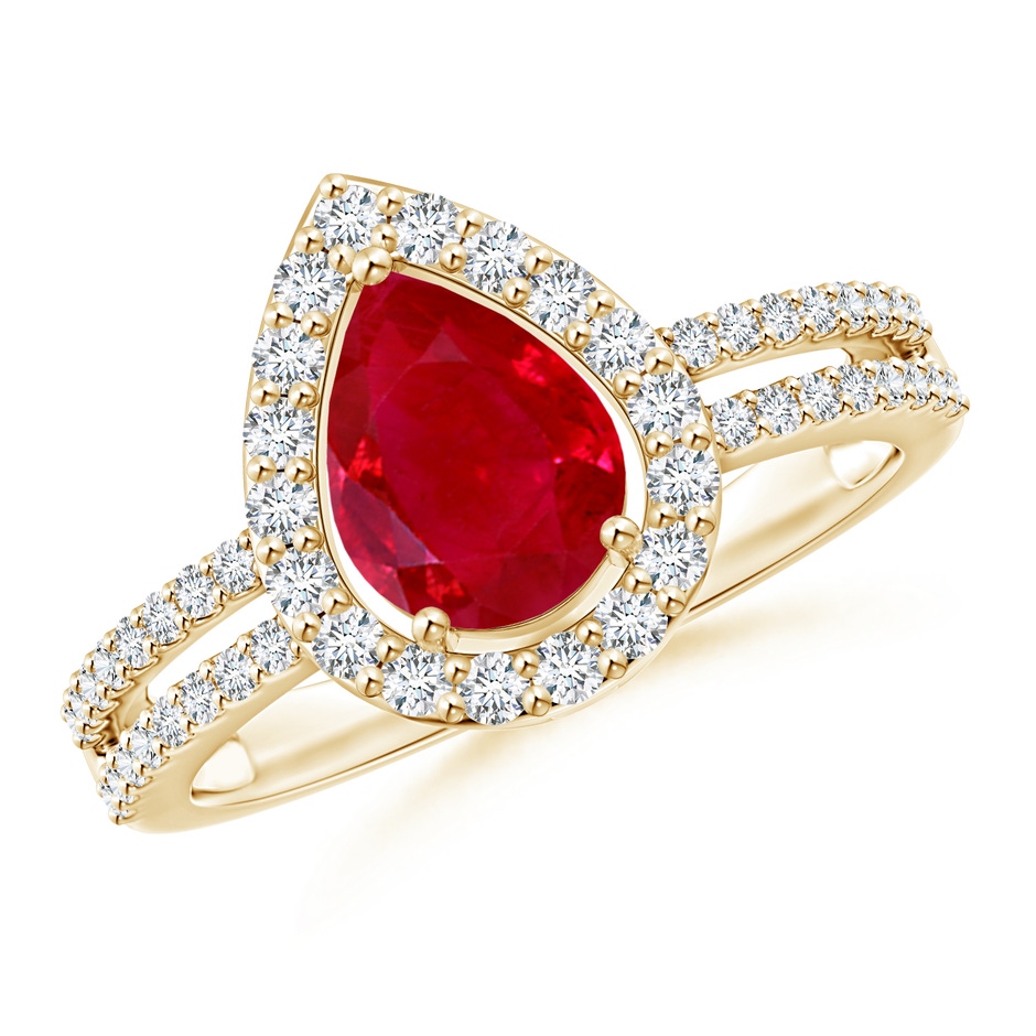 8x6mm AAA Pear Ruby and Diamond Halo Split Shank Ring in Yellow Gold 