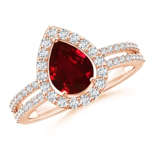 8x6mm AAAA Pear Ruby and Diamond Halo Split Shank Ring in 9K Rose Gold