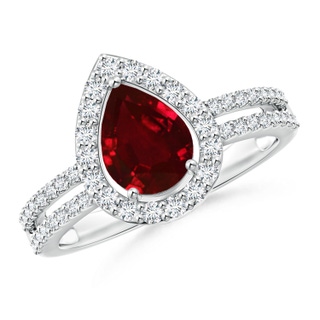 8x6mm AAAA Pear Ruby and Diamond Halo Split Shank Ring in P950 Platinum