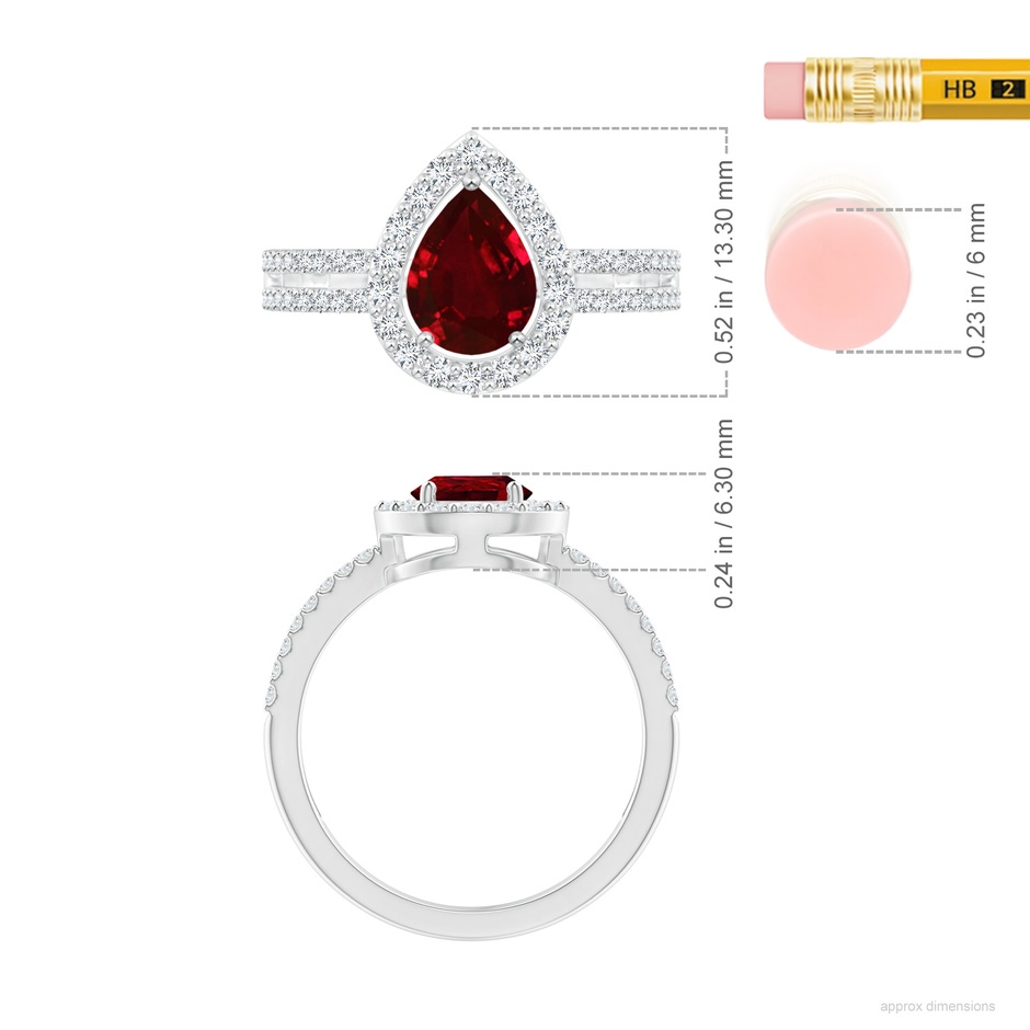 8x6mm AAAA Pear Ruby and Diamond Halo Split Shank Ring in P950 Platinum ruler