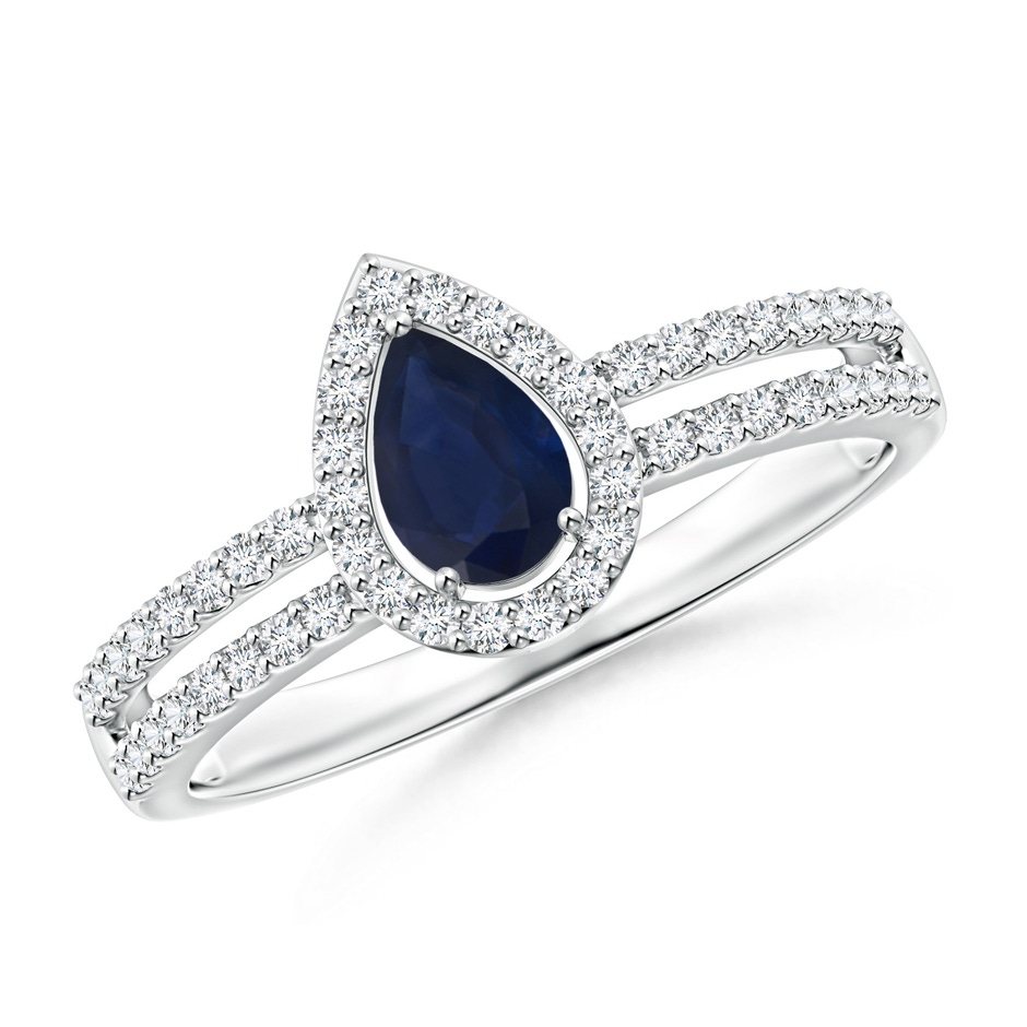 6x4mm A Pear Blue Sapphire and Diamond Halo Split Shank Ring in White Gold 