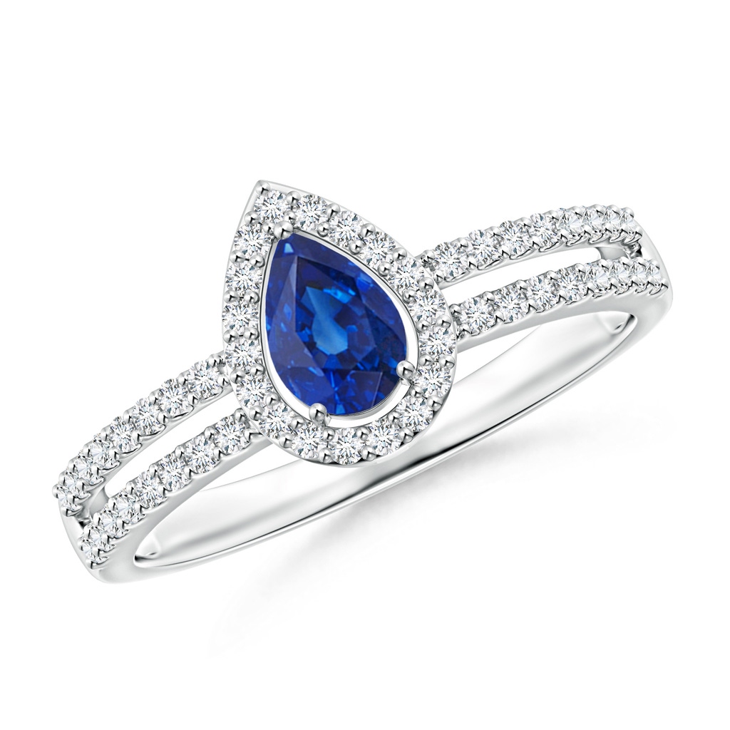 6x4mm AAA Pear Blue Sapphire and Diamond Halo Split Shank Ring in White Gold