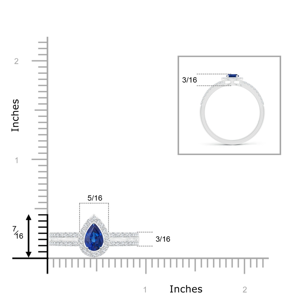 6x4mm AAA Pear Blue Sapphire and Diamond Halo Split Shank Ring in White Gold Ruler
