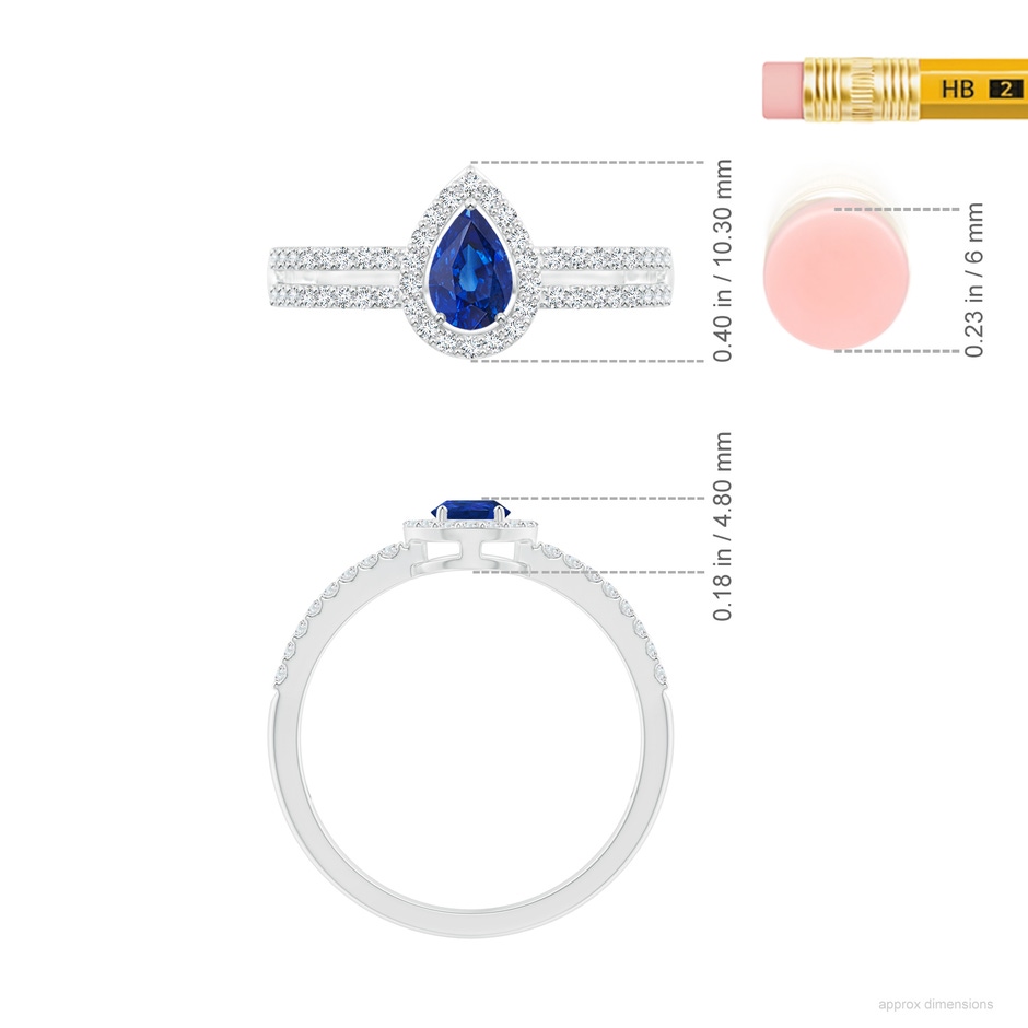 6x4mm AAA Pear Blue Sapphire and Diamond Halo Split Shank Ring in White Gold ruler