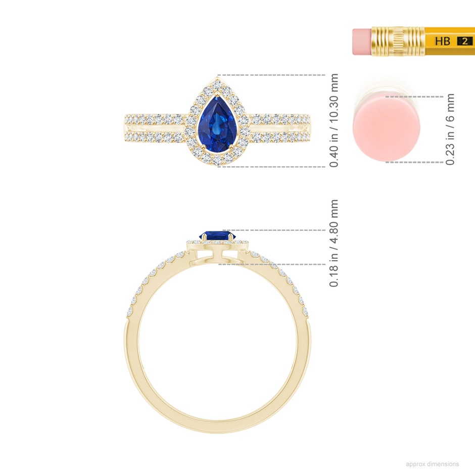 6x4mm AAA Pear Blue Sapphire and Diamond Halo Split Shank Ring in Yellow Gold ruler