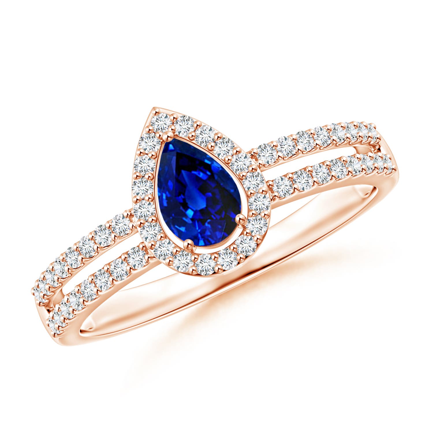 6x4mm AAAA Pear Blue Sapphire and Diamond Halo Split Shank Ring in 18K Rose Gold