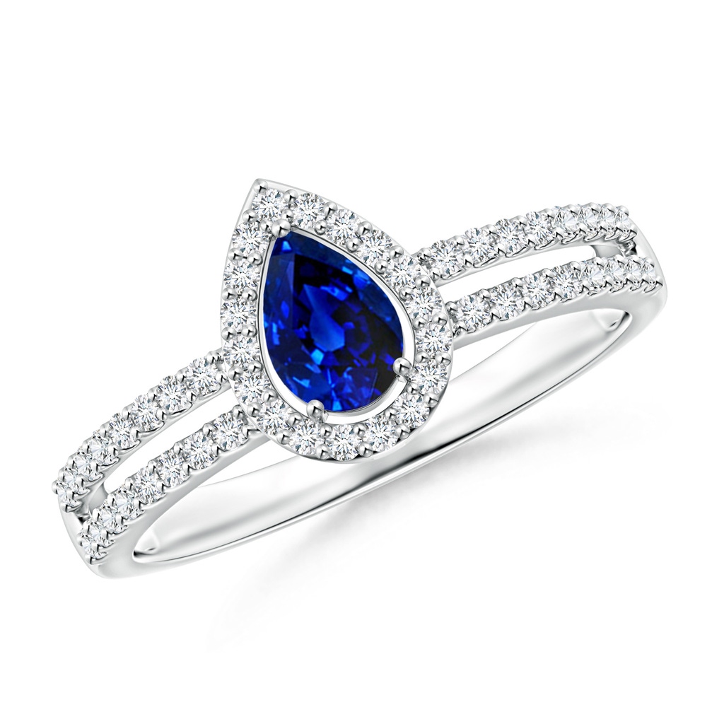 6x4mm AAAA Pear Blue Sapphire and Diamond Halo Split Shank Ring in White Gold