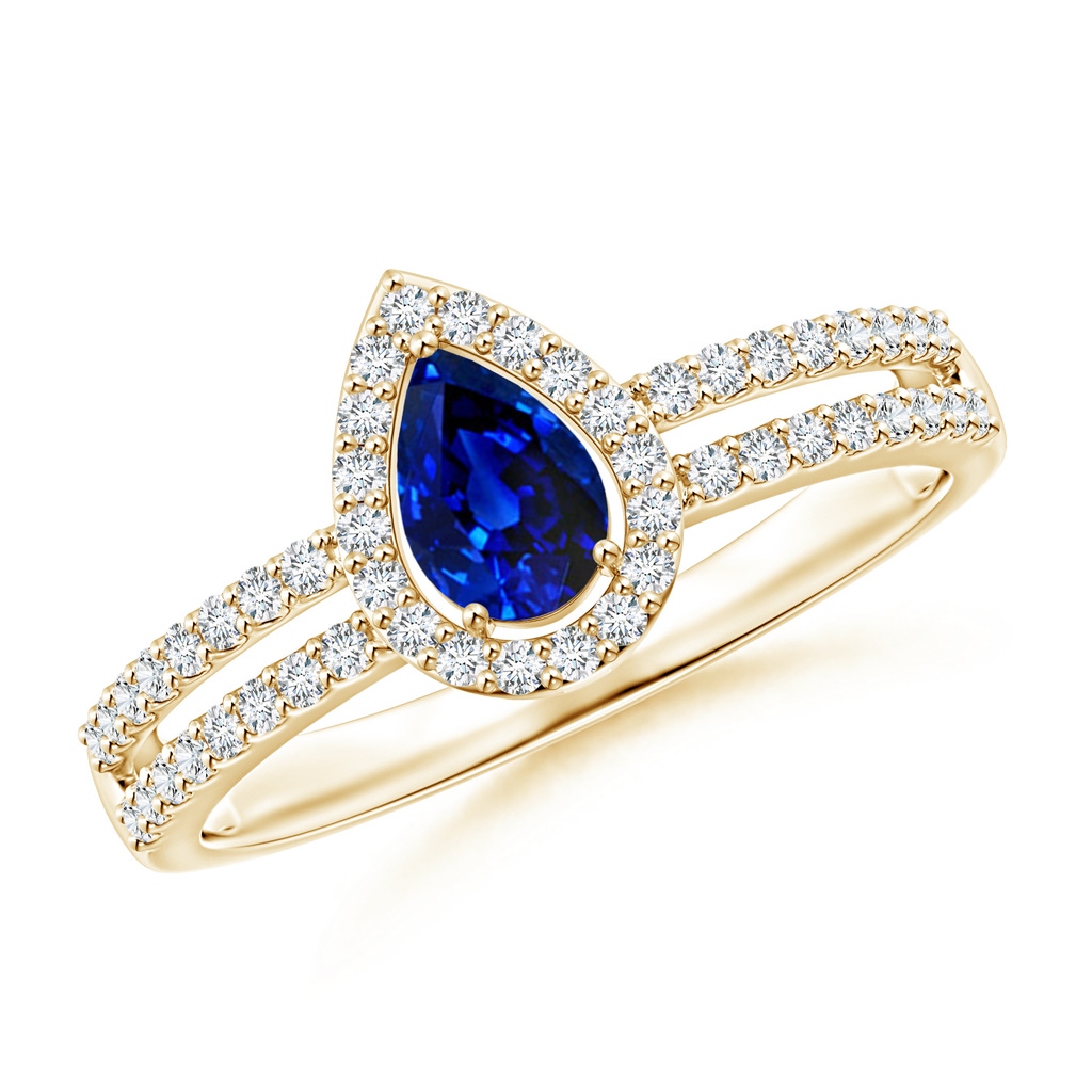 6x4mm AAAA Pear Blue Sapphire and Diamond Halo Split Shank Ring in Yellow Gold