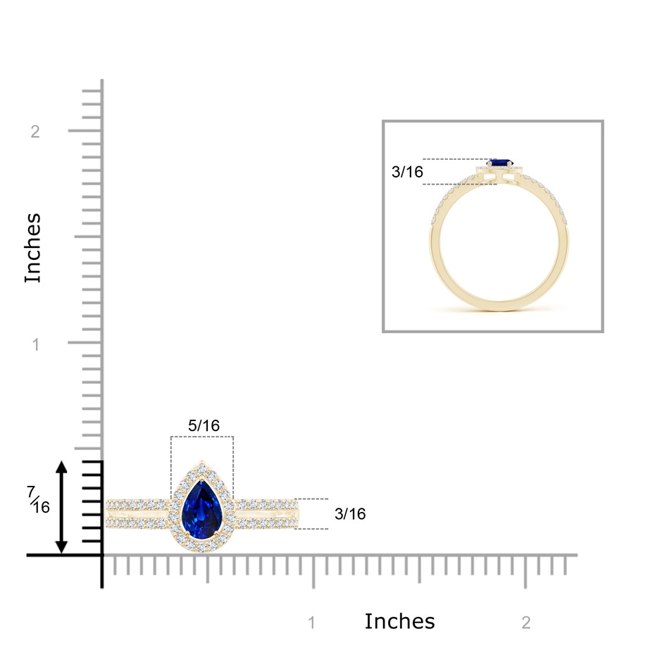 6x4mm AAAA Pear Blue Sapphire and Diamond Halo Split Shank Ring in Yellow Gold ruler