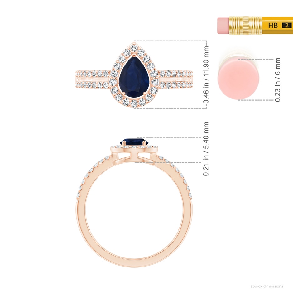 7x5mm A Pear Blue Sapphire and Diamond Halo Split Shank Ring in Rose Gold ruler
