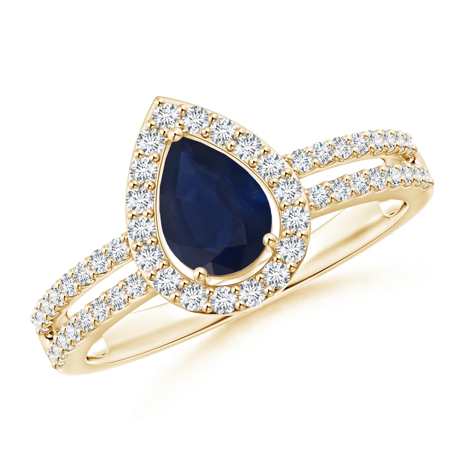 7x5mm A Pear Blue Sapphire and Diamond Halo Split Shank Ring in Yellow Gold 