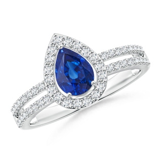 7x5mm AAA Pear Blue Sapphire and Diamond Halo Split Shank Ring in White Gold