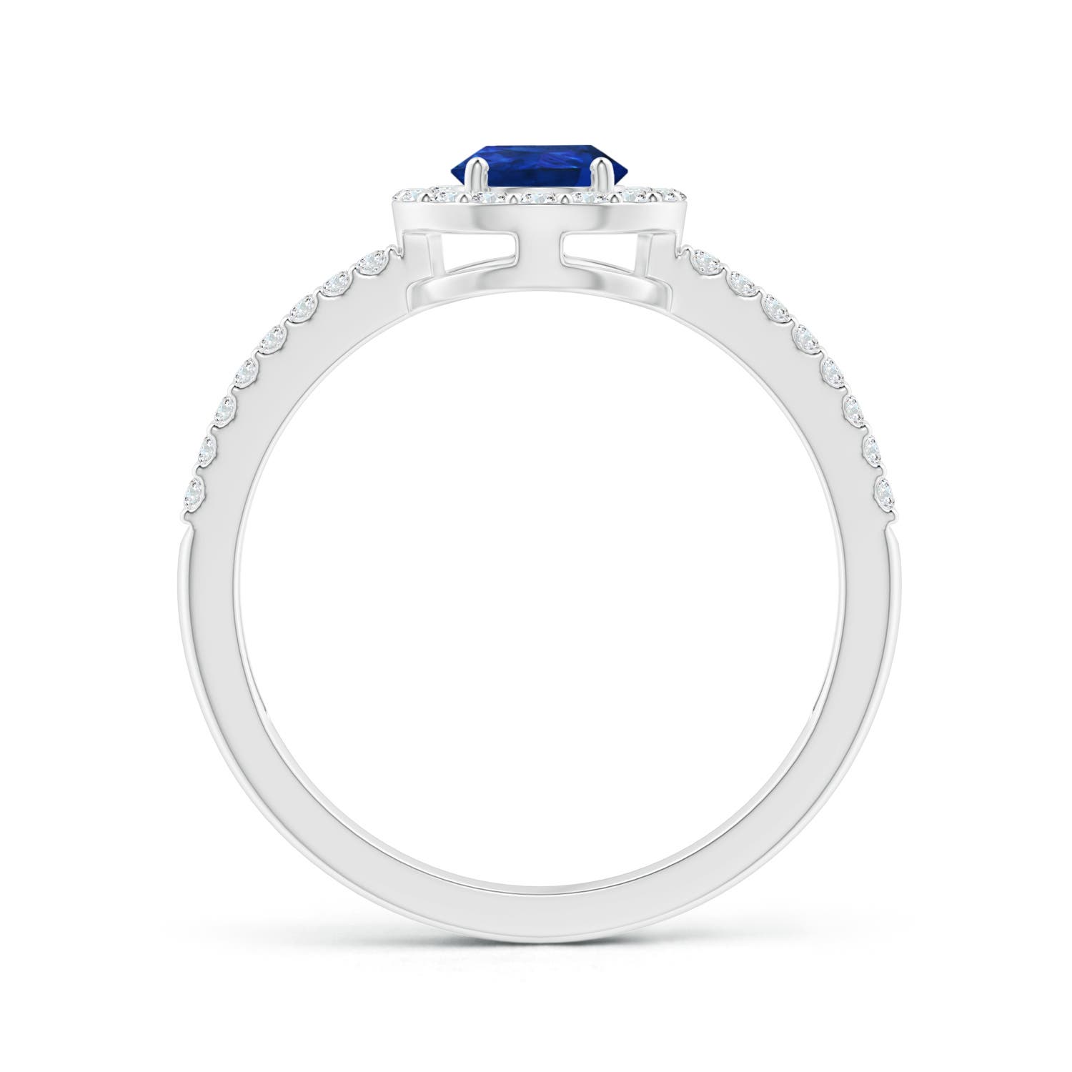 7x5mm AAA Pear Blue Sapphire and Diamond Halo Split Shank Ring in White Gold