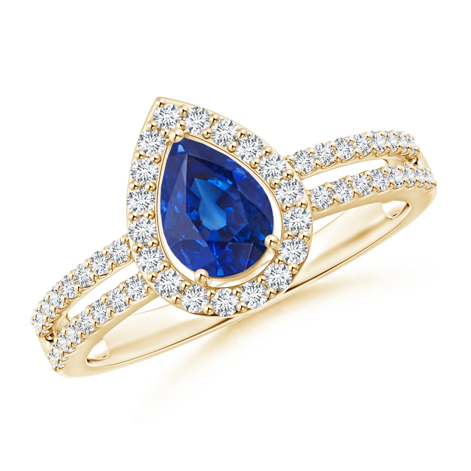 7x5mm AAA Pear Blue Sapphire and Diamond Halo Split Shank Ring in Yellow Gold 