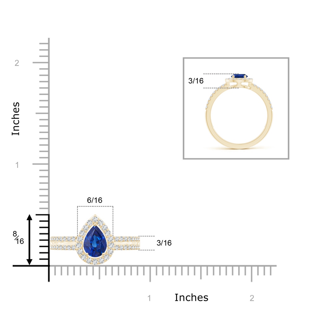 7x5mm AAA Pear Blue Sapphire and Diamond Halo Split Shank Ring in Yellow Gold Ruler