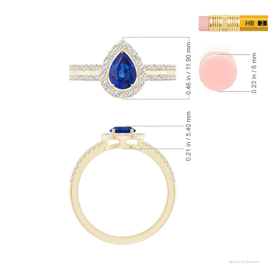 7x5mm AAA Pear Blue Sapphire and Diamond Halo Split Shank Ring in Yellow Gold ruler