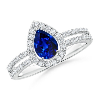 7x5mm AAAA Pear Blue Sapphire and Diamond Halo Split Shank Ring in White Gold