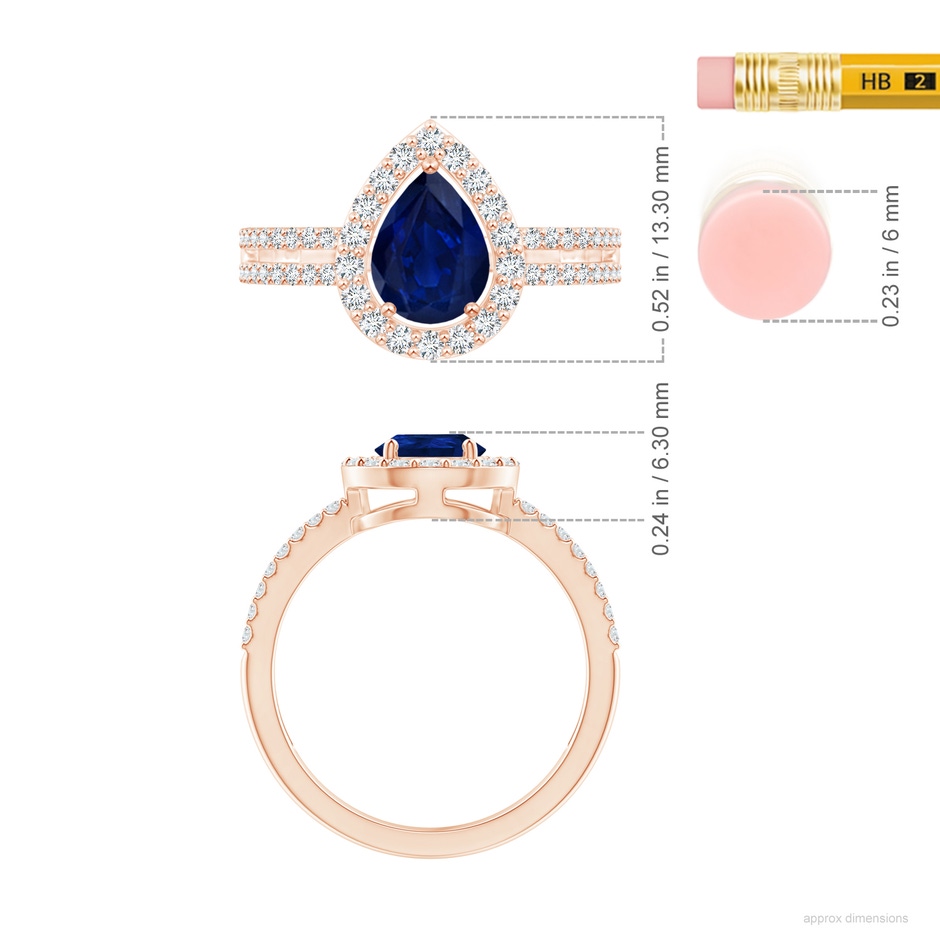 8x6mm AA Pear Blue Sapphire and Diamond Halo Split Shank Ring in Rose Gold ruler