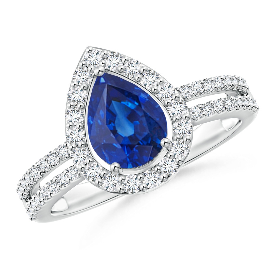 8x6mm AAA Pear Blue Sapphire and Diamond Halo Split Shank Ring in 18K White Gold 