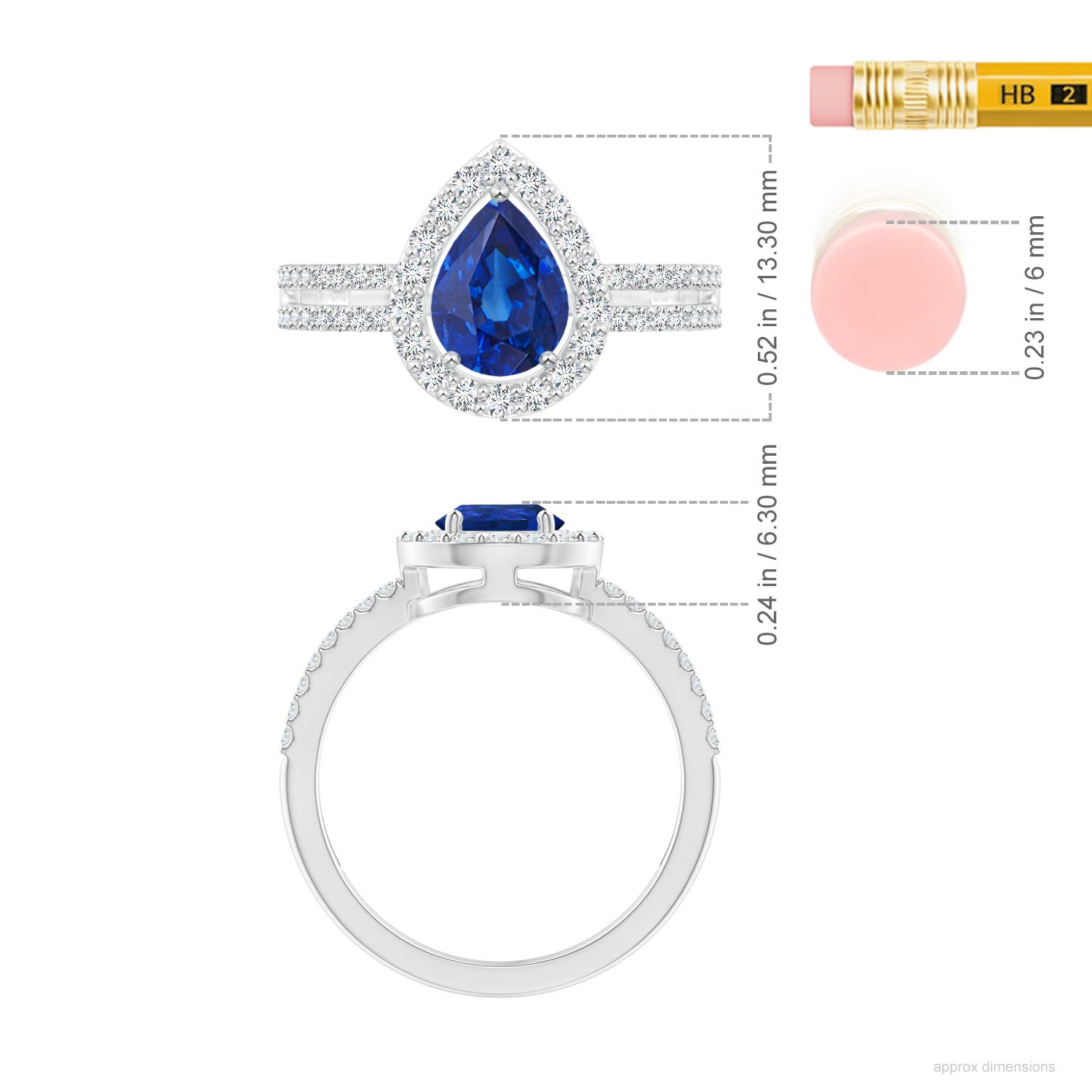 8x6mm AAA Pear Blue Sapphire and Diamond Halo Split Shank Ring in 18K White Gold - ruler
