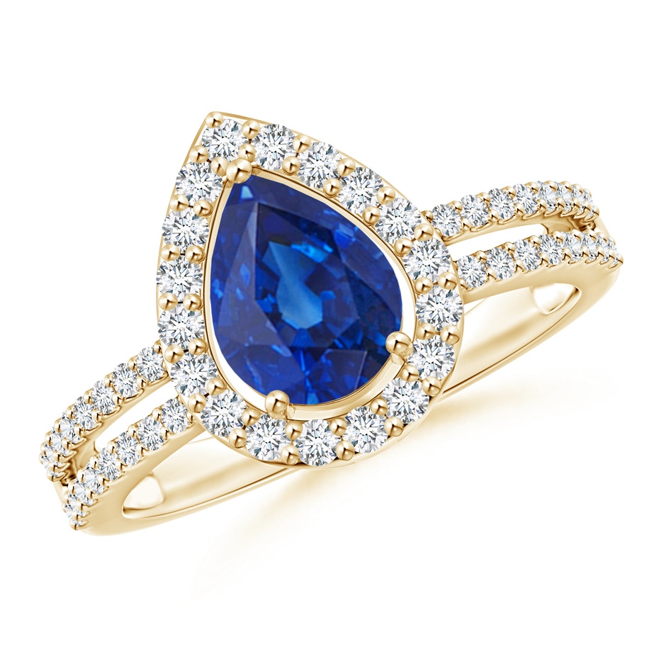 8x6mm AAA Pear Blue Sapphire and Diamond Halo Split Shank Ring in 18K Yellow Gold 