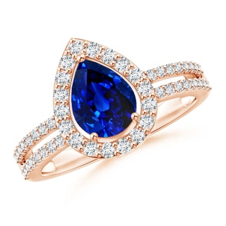 8x6mm AAAA Pear Blue Sapphire and Diamond Halo Split Shank Ring in 9K Rose Gold