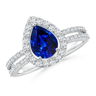 8x6mm AAAA Pear Blue Sapphire and Diamond Halo Split Shank Ring in P950 Platinum