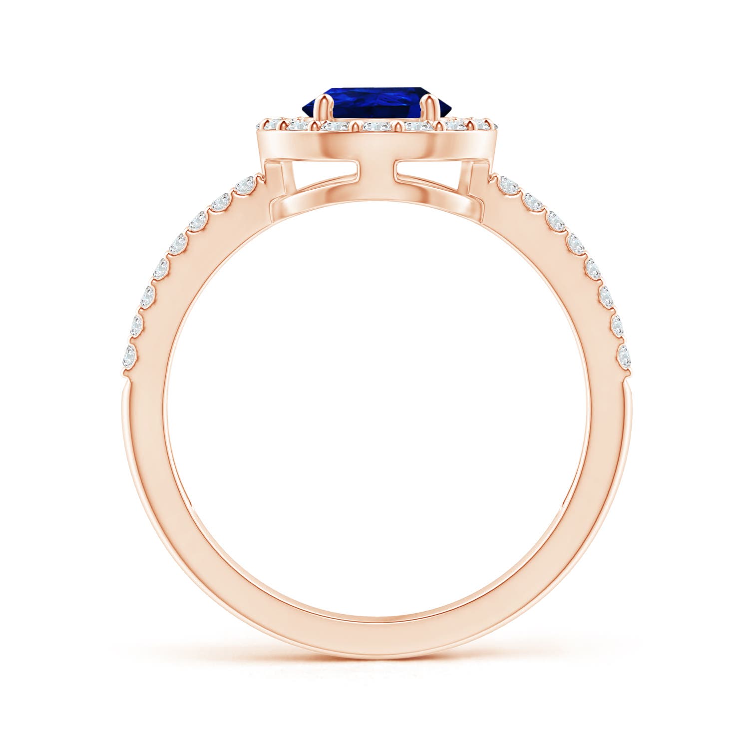 8x6mm AAAA Pear Blue Sapphire and Diamond Halo Split Shank Ring in Rose Gold - side 3