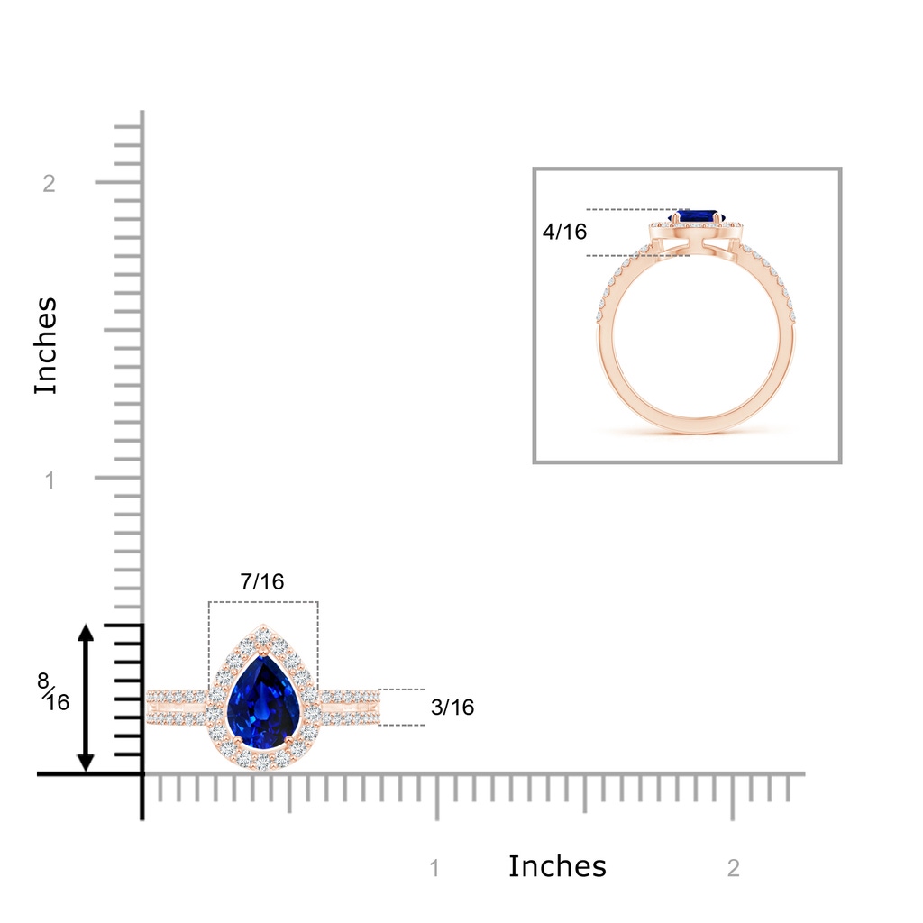 8x6mm AAAA Pear Blue Sapphire and Diamond Halo Split Shank Ring in Rose Gold Ruler