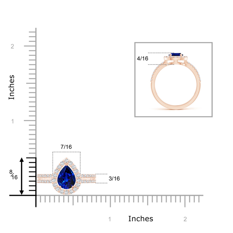 8x6mm AAAA Pear Blue Sapphire and Diamond Halo Split Shank Ring in Rose Gold ruler