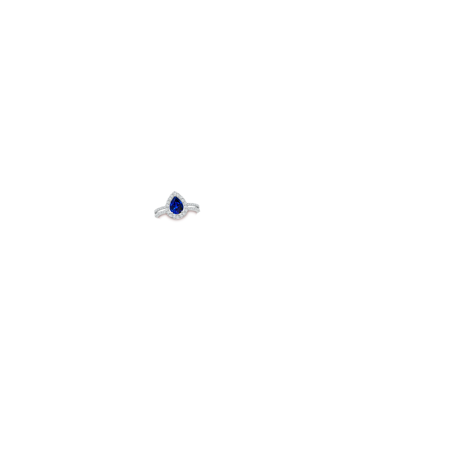 8x6mm AAAA Pear Blue Sapphire and Diamond Halo Split Shank Ring in White Gold hand